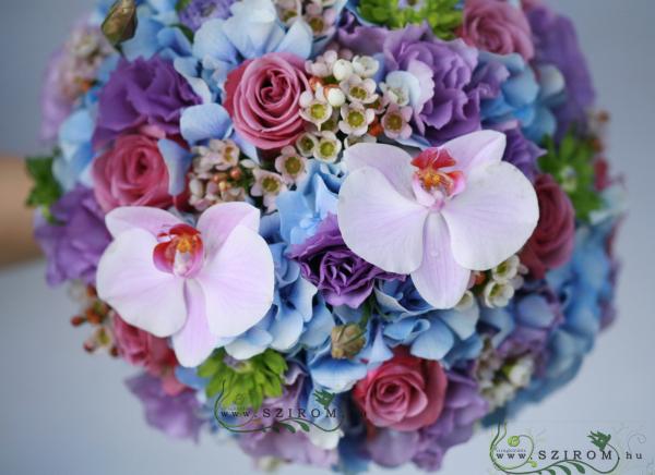 menyasszonyi csokor (hortenzia, liziantusz, rózsa, viaszvirág, phalaenopsis, kék, lila)
