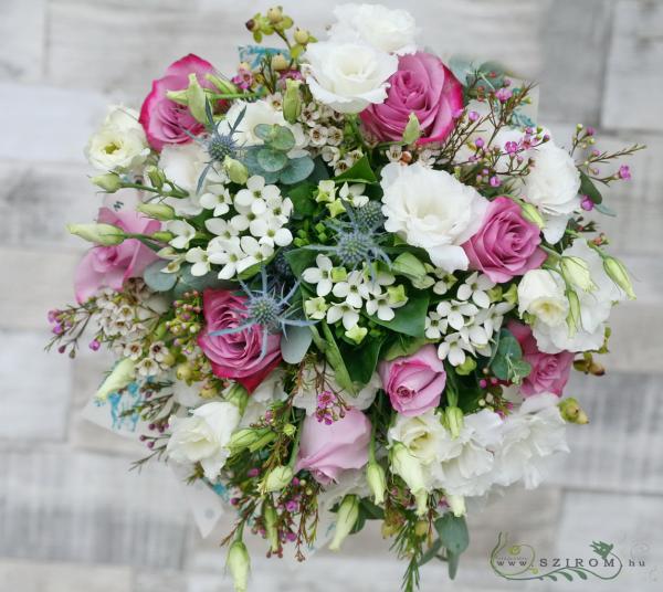 Bridal bouquet purple, meadow style, with greenery (rose, lisianthus, bouvard, wax, eryngium, white, pink)