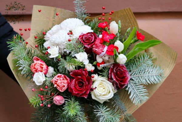 Mikulás csokor piros-fehér virágokkal