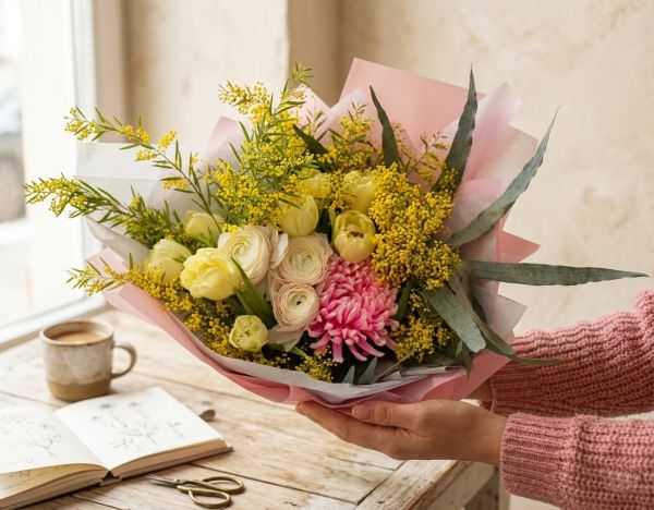 Mimosa bouquet with spring flowers, tulips, buttercups (15 stems)