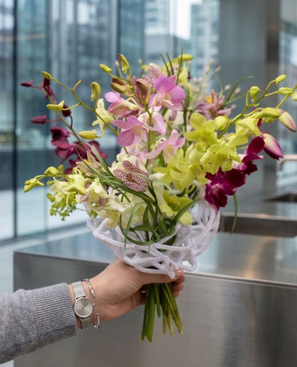 Modern dendrobium orchid bouquet with chenille bouquet structure - original product photo with AI background