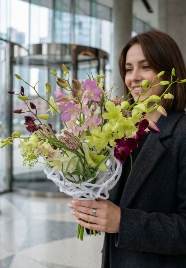 Modern dendrobium orchid bouquet with chenille bouquet structure - original product photo with AI background