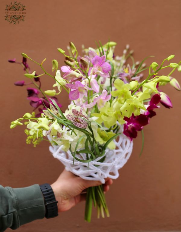 Modern dendrobium orchid bouquet with chenille bouquet structure