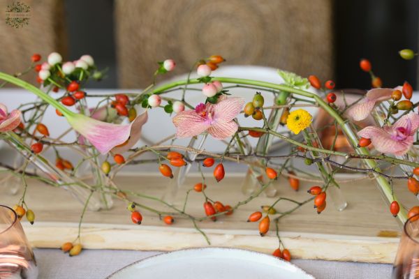 Moderne Tischdekoration mit Röhrchen, für Hochzeiten und Events (Hagebutte, Orchidee, Calla, Anthurie, Rosa, Pfirsich, Rot)
