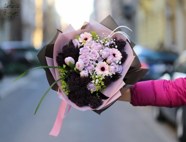 Modern contrasting lavender bouquet with tulips and bush roses (13 flowers)