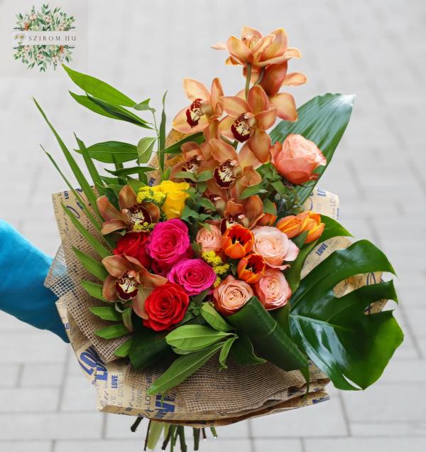 Big bouquet with orchid stem, roses, tulips, in blazing colors