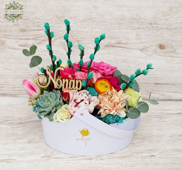 Spring flower bag bouquet with echeveria (13 stems)