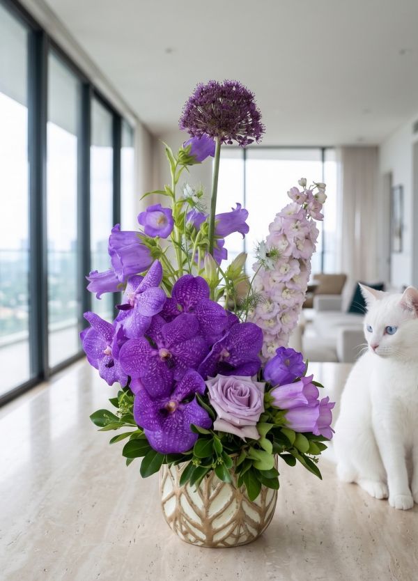 Vanda orchid stem with purple flowers in a beautiful pot - original product photo with AI background