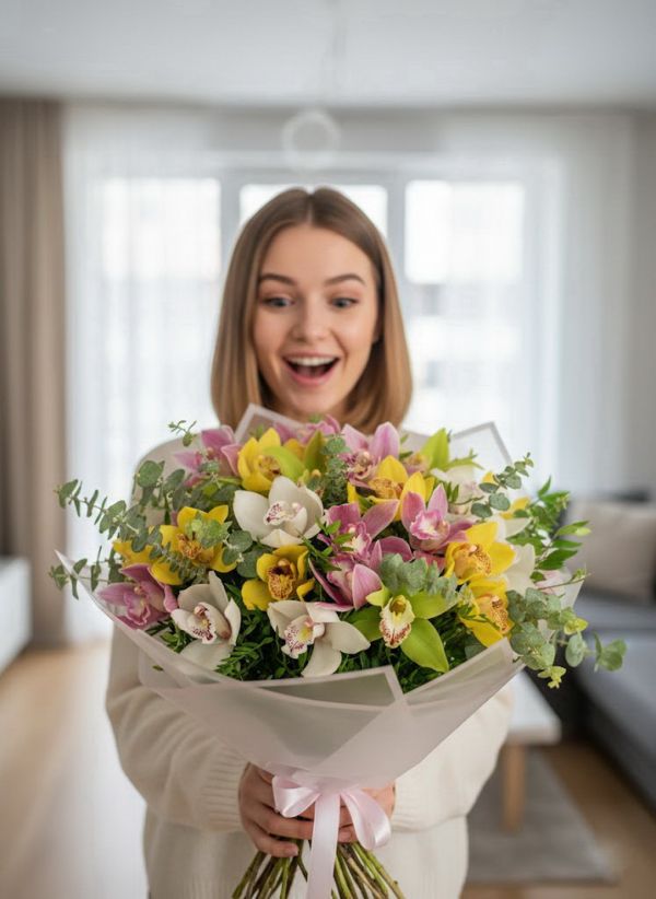 Színes orchideák csokorban (21 szál) - original product photo with AI background