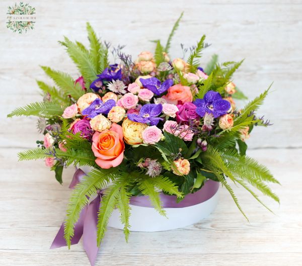 Giant rose box with vanda orchids, roses, small flowers (49 stems)