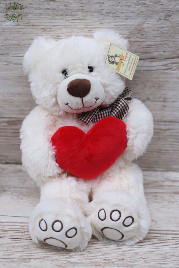 Plush white teddy with a heart (25cm)