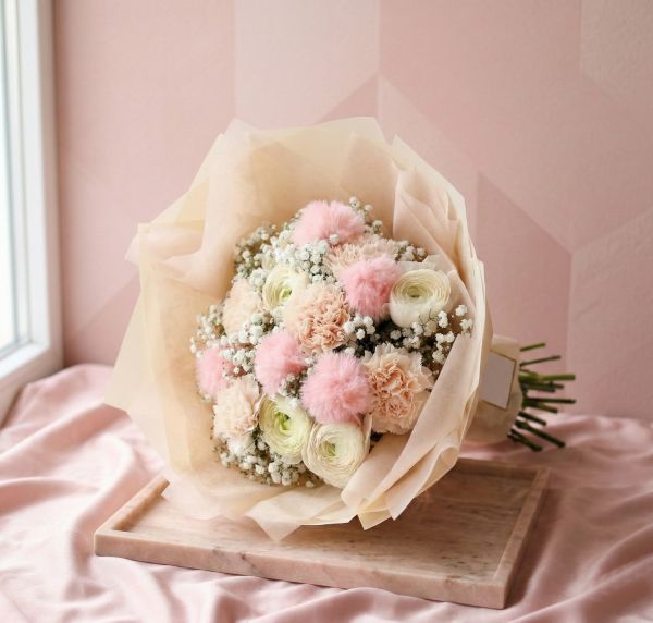 Round pink bouquet with plush balls, carnations, buttercups (10 stems + gypsophla) - original product photo with AI background