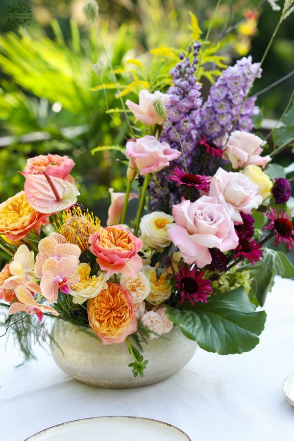Romantic crescent moon shaped summer wedding centerpiece flower bowl (English rose, orchid, delphinium, calla, seasonal flowers, purple, peach)