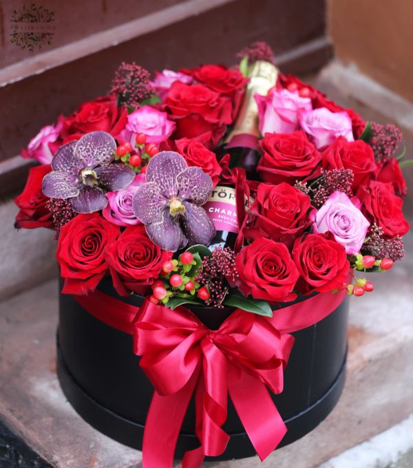 Romantic red champagne rose box with orchid (27 roses, 2 orchids, small flowers)