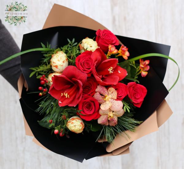 Rose bouquet with amaryllis and vanda orchids (15 stems)