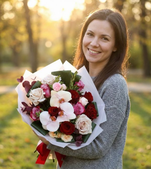 Bouquet of roses with phalaenopsis - original product photo with AI background