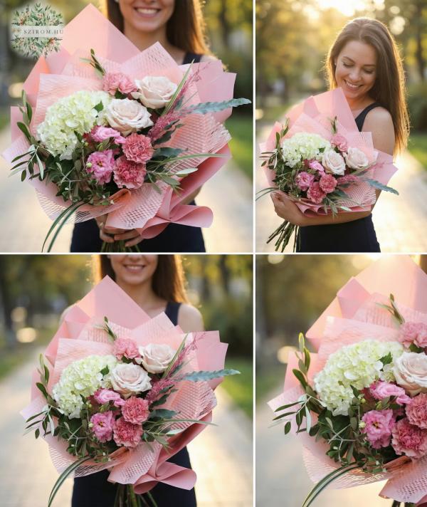 Rosa Strauß mit Hortensie, Rose und Lisianthus - original product photo with AI background