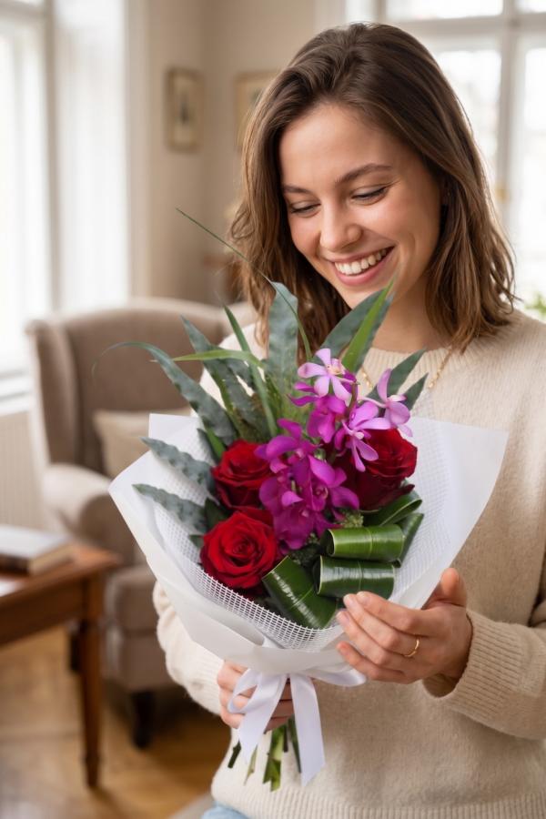 Small red rose bouquet with mokara orchid - original product photo with AI background