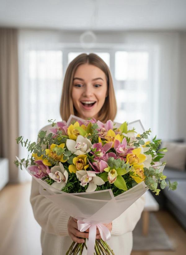 Bunte Orchideen im Strauss (21 Stiele) - original product photo with AI background