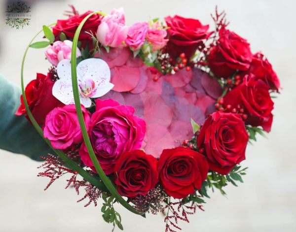 Heart bouquet with roses, orchid