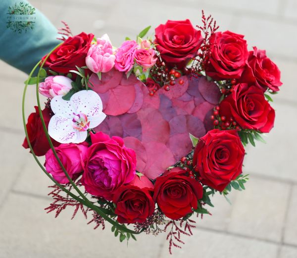 Heart bouquet with roses, orchid