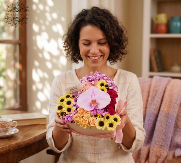 Heart bowl with santinis, spray roses, orchid - original product photo with AI background