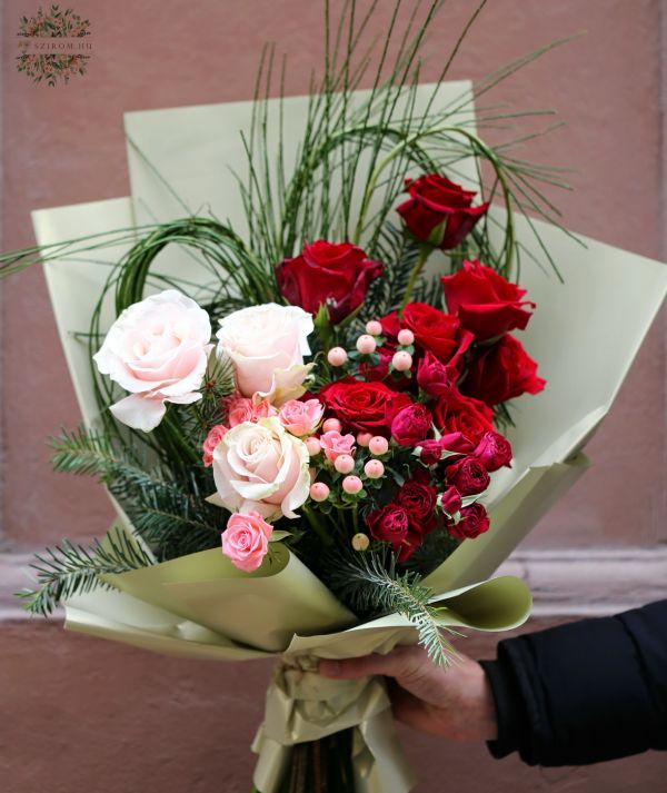 Winter heart bouquet with pink and white roses
