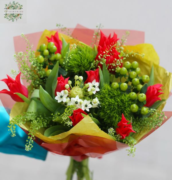 Rote Tulpen mit frischen grünen Blüten (10 + 6 Stiele)