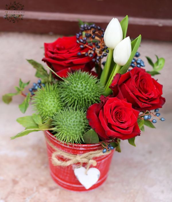 Metal bowl with heart, red roses, tulips, cucurbits