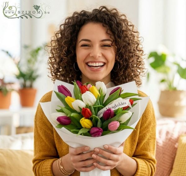 20 vegyes tulipán csokorban - original product photo with AI background