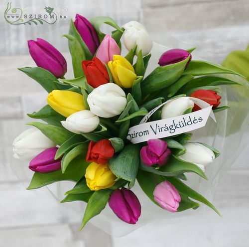 20 mixed tulips hand tied bouquet