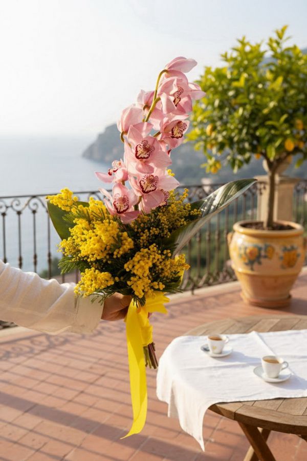 egy fürt orchidea mimózával (4szál) - original product photo with AI background