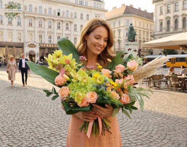 Félhold csokor zöld-barack színben orchideával, rózsával, apró virágokkal  - original product photo with AI background
