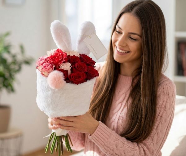 Hase Strauss (mit 12 Rosen) - original product photo with AI background