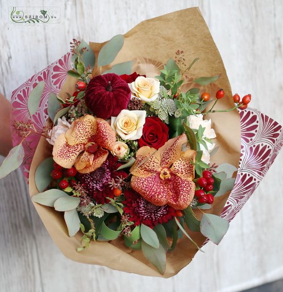 Autumn round bouquet with vanda orchids and pumpkin (17 stems)