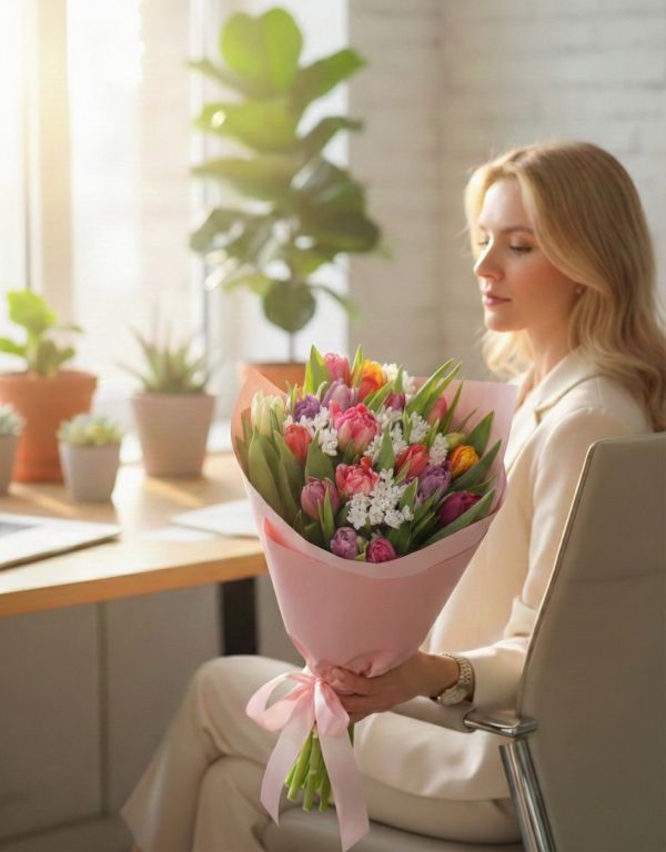 Double petal tulips with white alliums in paper vase (30 stem) - original product photo with AI background