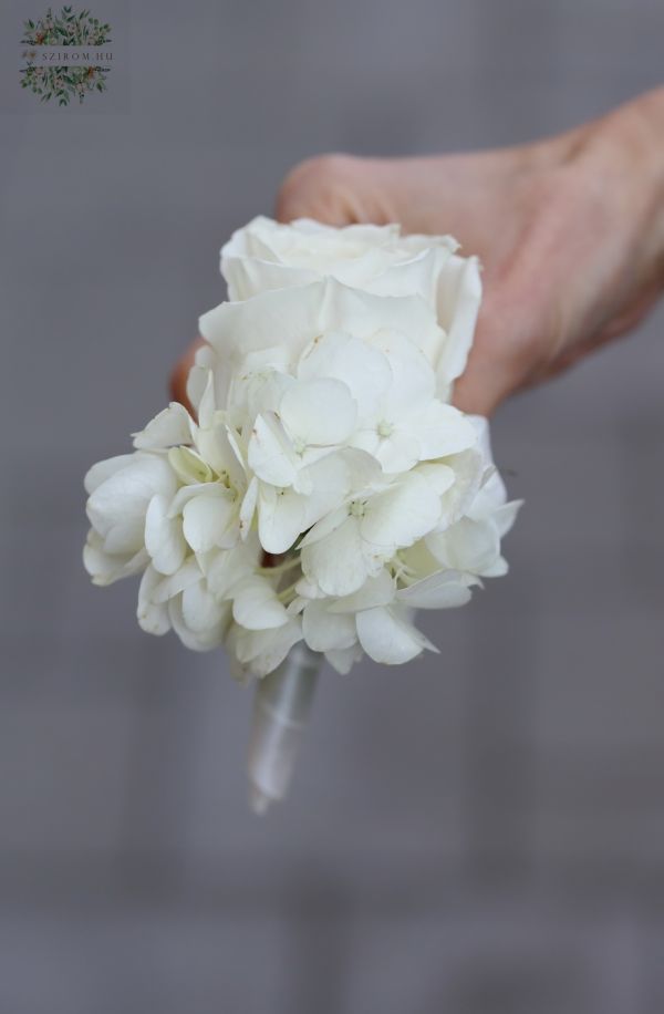 Bräutigamnadel mit Hortensie und Rose, weiss