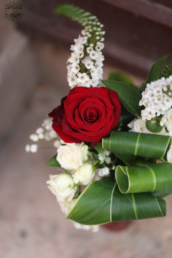 Rote Rose mit weißen Blüten, herzförmige Vase
