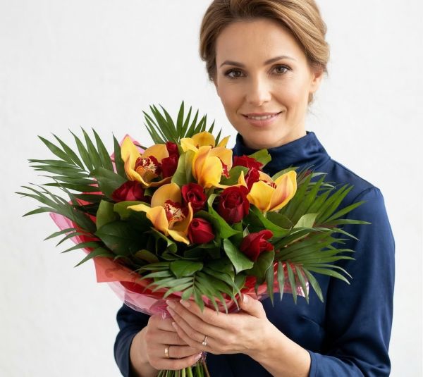 vörös rózsa sárga orchideával (15 szál) - original product photo with AI background