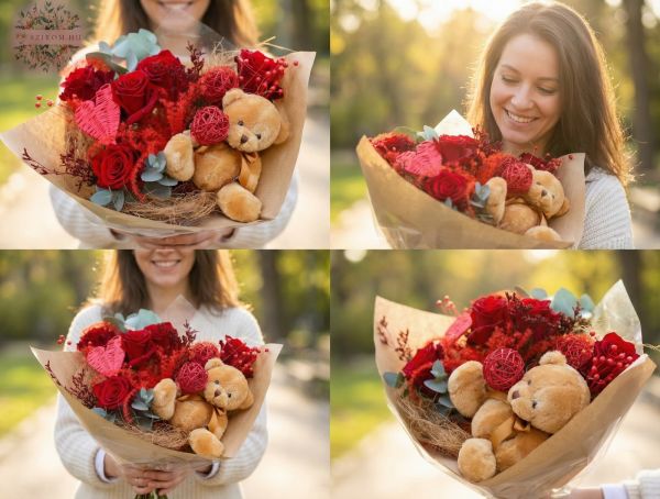 Rote Rosen mit Teddybär und Herz im Strauß (5 Stiele) - original product photo with AI background