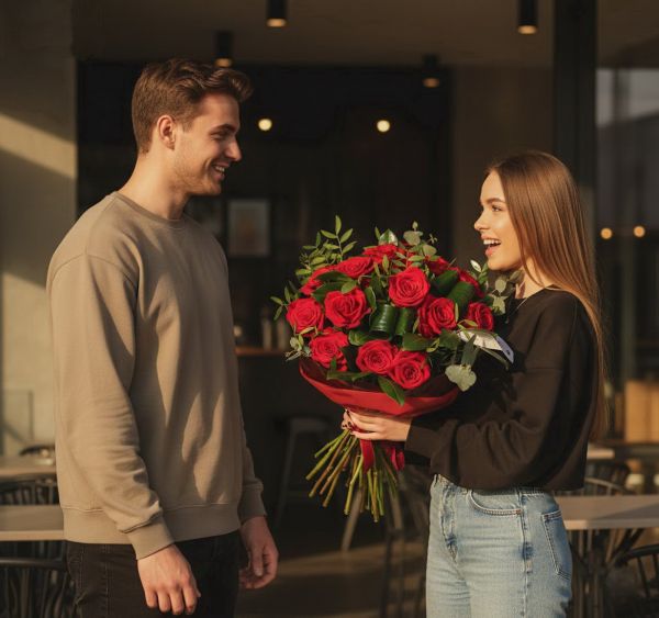 17 szál vörös rózsa sok zölddel - original product photo with AI background