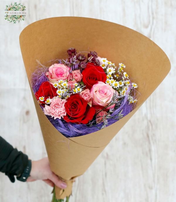 Roses with camomile, and meadow flowers in paper cone (13 stems)