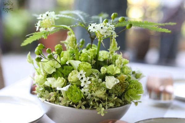 Zöld esküvői, rendezvény asztaldísz ernyőpáfránnyal (bokros rózsa, liziantusz, ornithogalum, kála, szegfű)