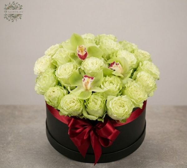 Zöld rózsás orchideás virágdoboz (23 szál) - original product photo with AI background