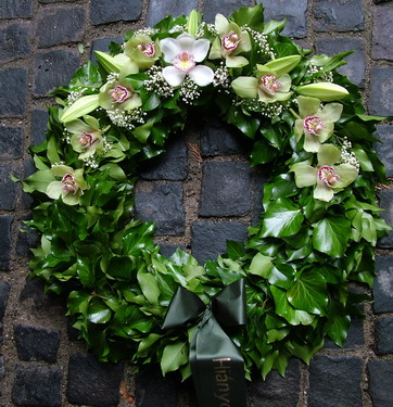 flower delivery Budapest - green orchids on ivy wreath (70 cm)