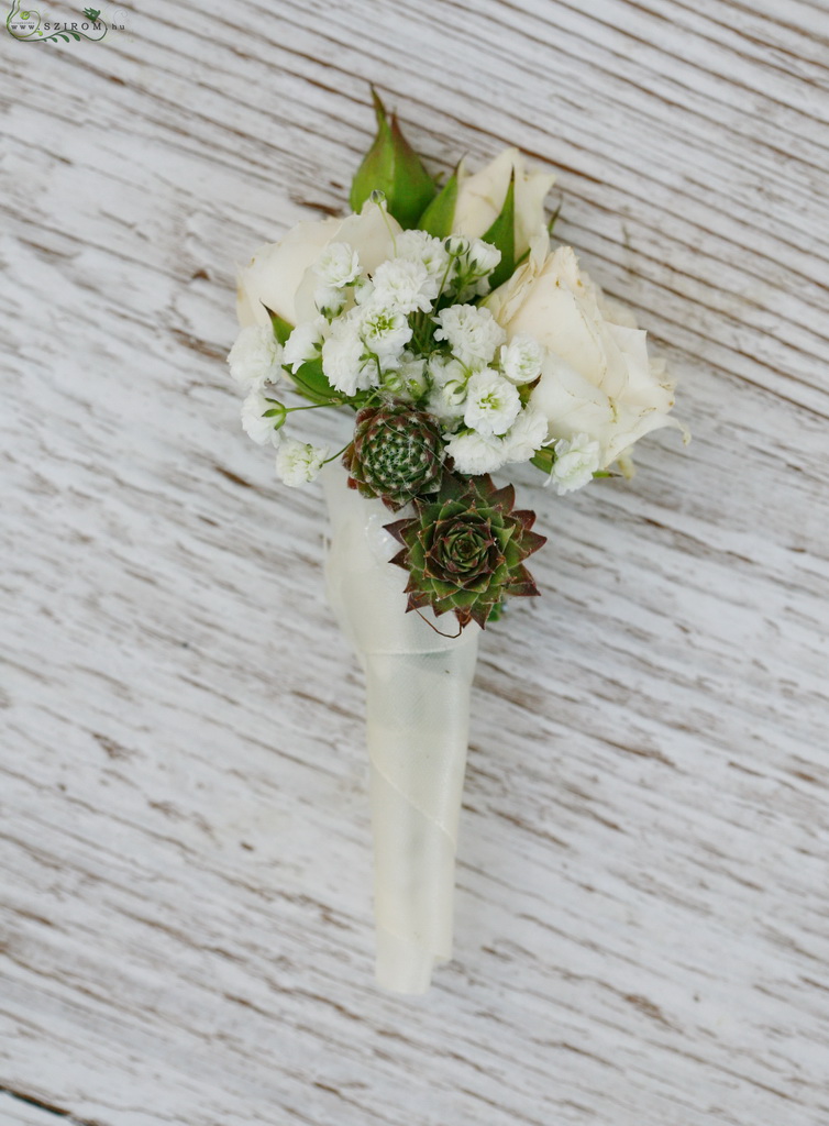 flower delivery Budapest - Boutonniere of rose (rose, sempervivum, white)