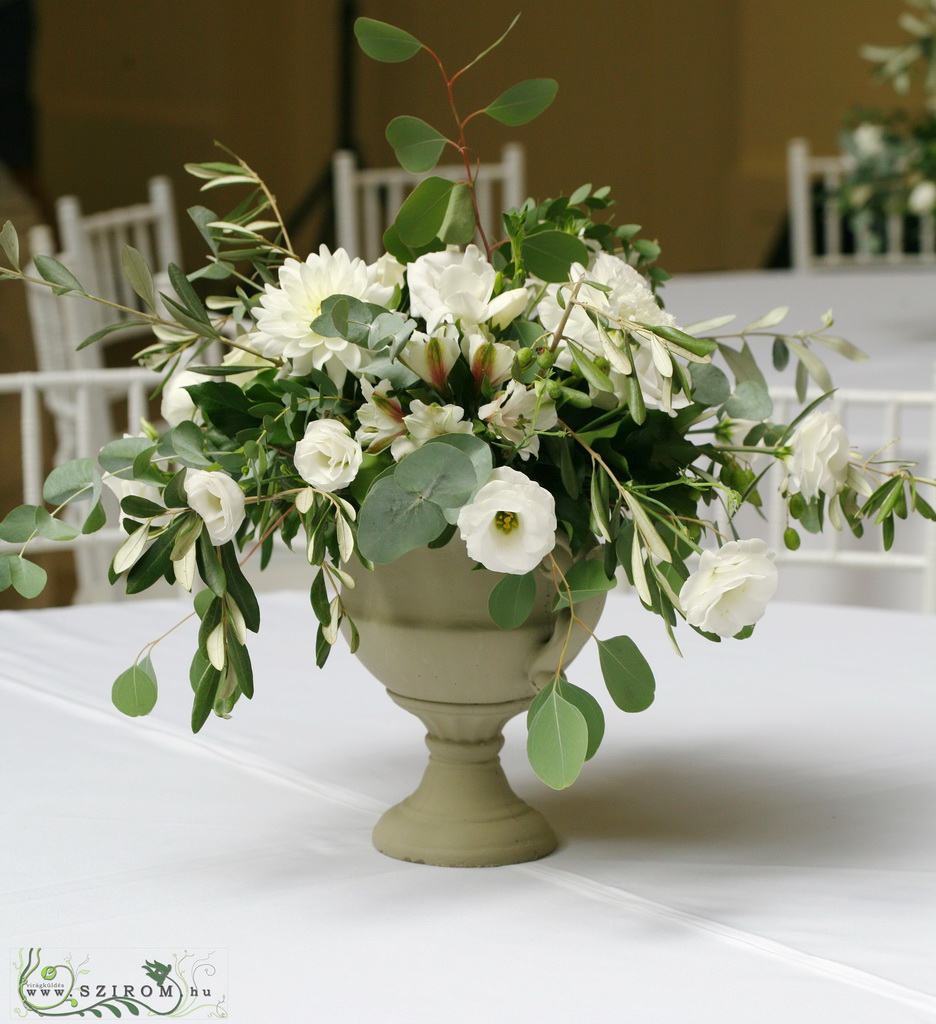 flower delivery Budapest - Wedding Centerpiece rustic stone pot, Vajdahunyad Castle Budapest (lisianthus, dahlia, alstromelia,  white)