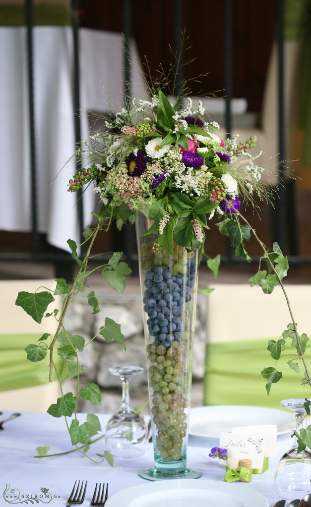 flower delivery Budapest - Centerpiece wineyard style (white, purple, blue, pink, aster, rose, rose, limonium, sedum)  Bélapátfalva, wedding