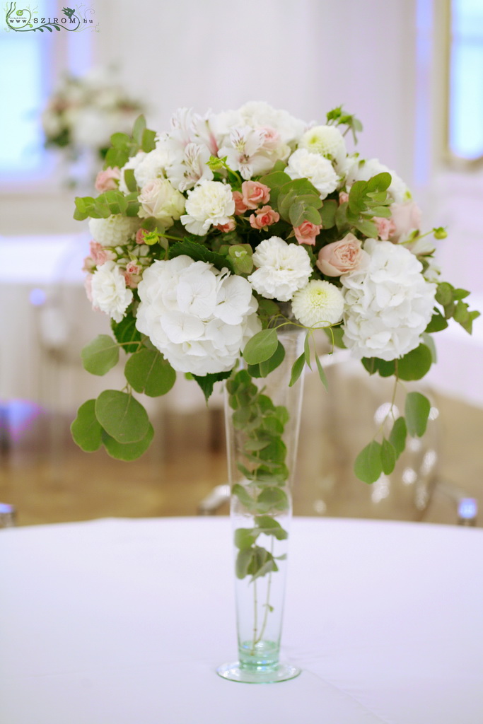 flower delivery Budapest - Wedding Centerpiece tall vase, Festetics Palace Budapest (hydrangea, roses, shrub roses, carnations, alstromelia, dahlia, white, pink)