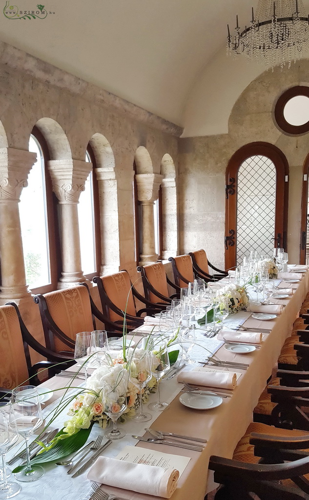 flower delivery Budapest - Wedding Long Table Decoration, 1pc, Fisherman's Bastion Restaurant Budapest (hydrangea, rose, spray rose, gladiolus, gypsophila, white, green, peach)